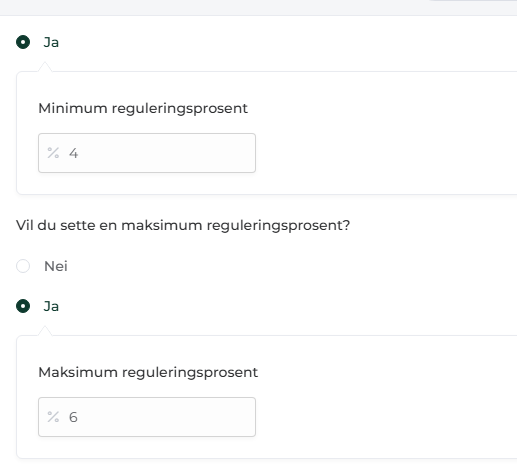 Skjermbilde av minimum og maksimum reguleringsprosent
