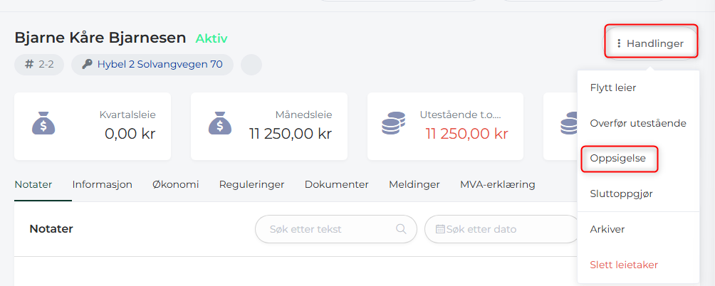 Velg oppsigelse inne på leietakeren